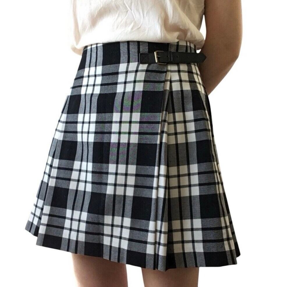 Uniqlo Black & White Plaid Wool Blend Wrap Mini Skirt w/ Side Buckle